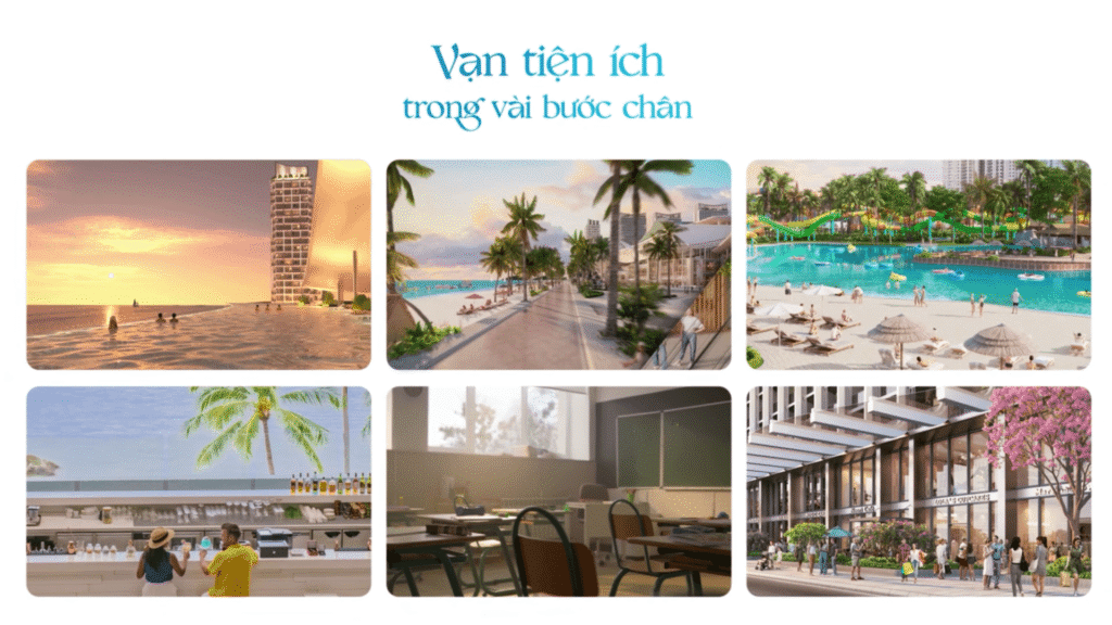 Tổng hợp tiện ích tại Blanca City Vũng Tàu gồm hồ bơi, bãi biển, phố thương mại, công viên nước, quán bar và trường học.